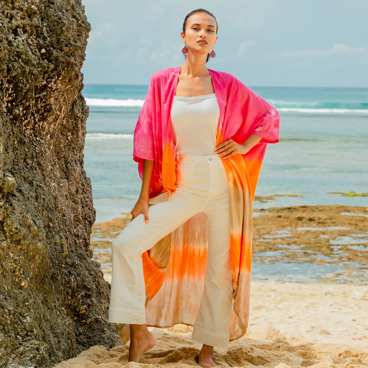 Kimono rayé ombré - Rose et orange