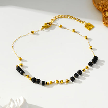 ROSARIO LG: Black Onyx and Gold Beaded Chain Anklet