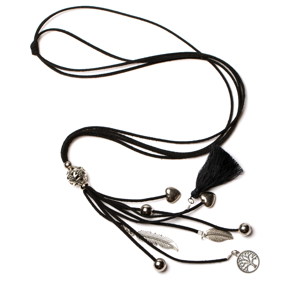 Suede Necklace With Tassel & Charms