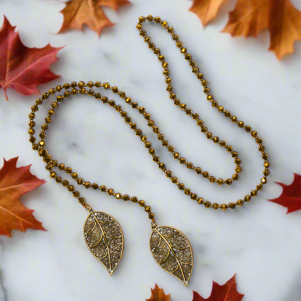 Long collier double feuille de cristal