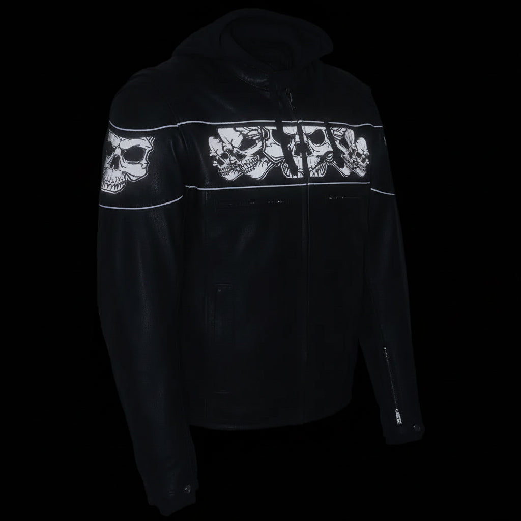 Milwaukee Leather Men's Crossover Scooter Jacket w/ Reflective Skulls & Full Sleeve Removable Hoodie