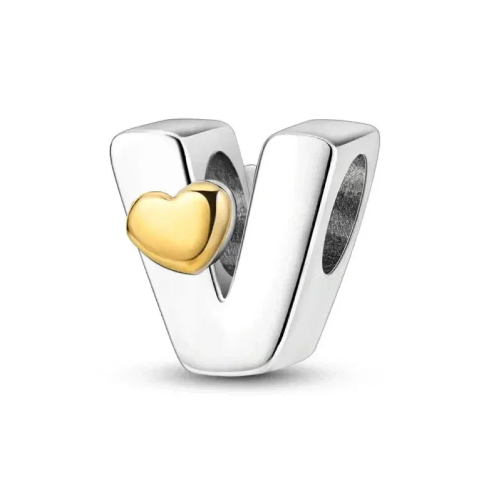 Breloque initiale en argent sterling 925 avec cœur en or