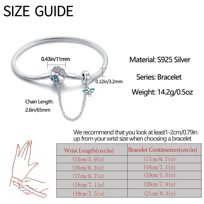 Bracelet à breloques trèfle et libellule en argent sterling avec chaîne de sécurité