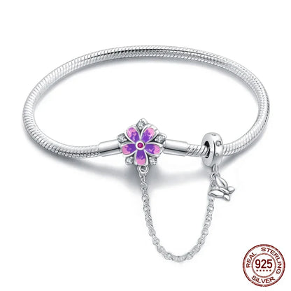 Bracelet à breloques floral en argent sterling avec chaîne de sécurité