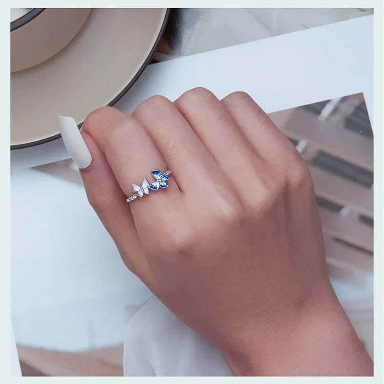 Bague en Argent Sterling 925 Émaillée Papillon Oxyde de Zirconium