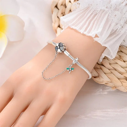 Bracelet à breloques trèfle et libellule en argent sterling avec chaîne de sécurité