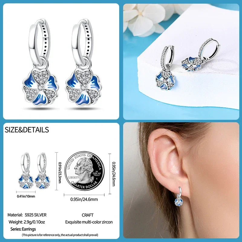 Boucles d'oreilles créoles en argent sterling avec breloque fleur bleue élégante