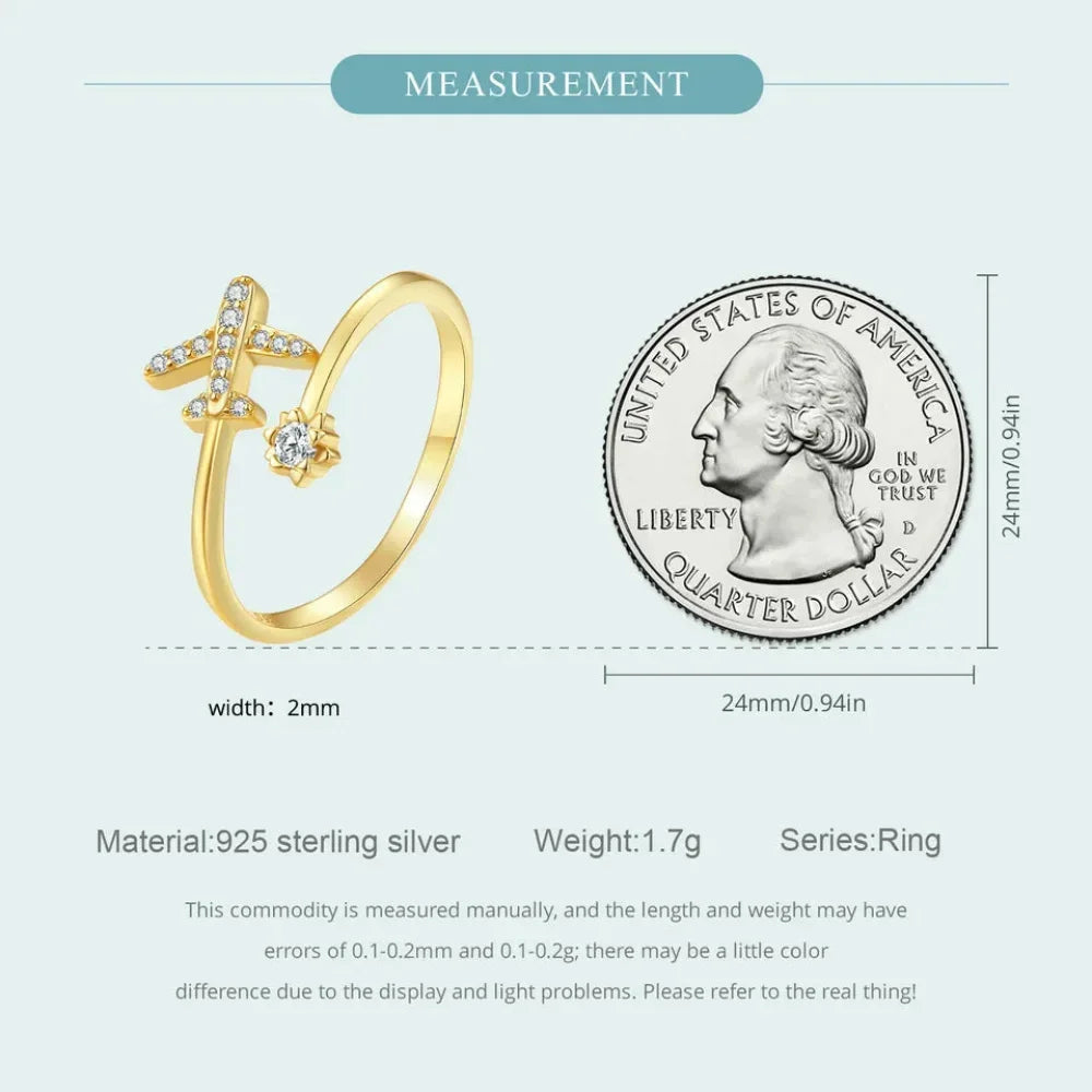 Bague ouverte en argent sterling 925 avec avion volant en zircone cubique