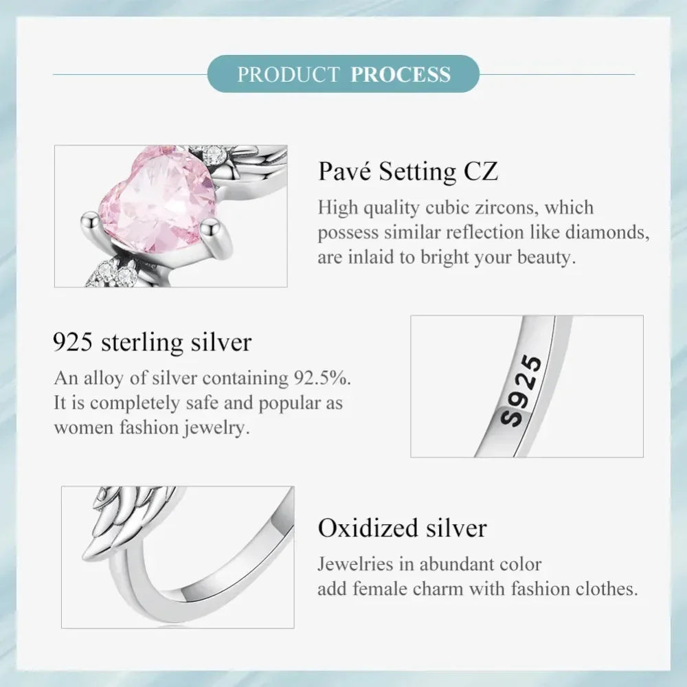 Bague en argent sterling 925 avec ailes de cœur rose et zircone cubique