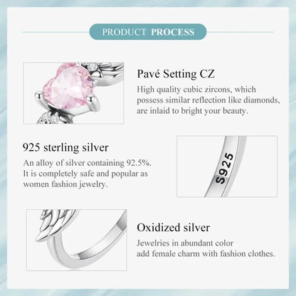 Bague en argent sterling 925 avec ailes de cœur rose et zircone cubique