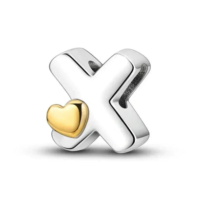 Breloque initiale en argent sterling 925 avec cœur en or