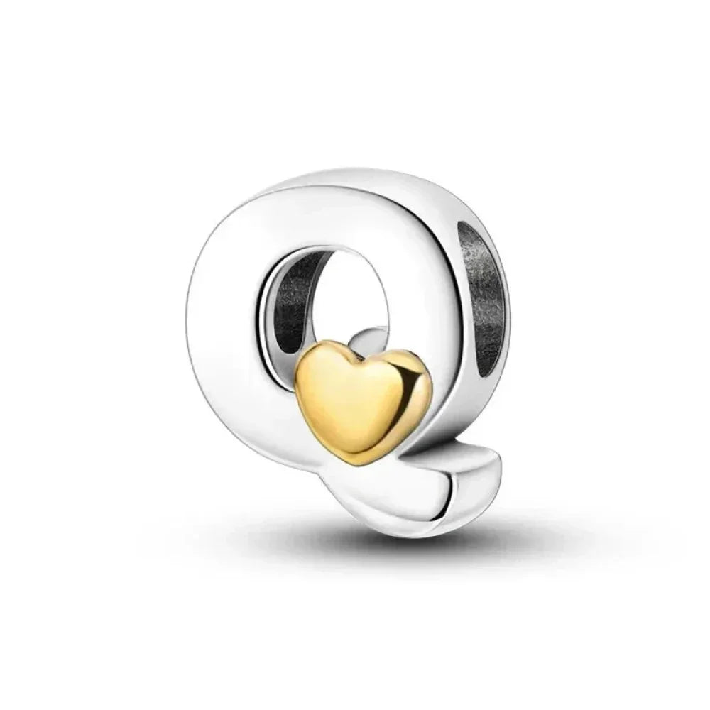 Breloque initiale en argent sterling 925 avec cœur en or