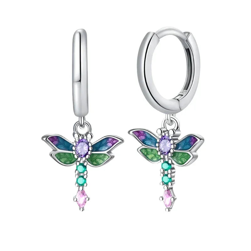 Boucles d'oreilles créoles libellule vibrante en argent sterling