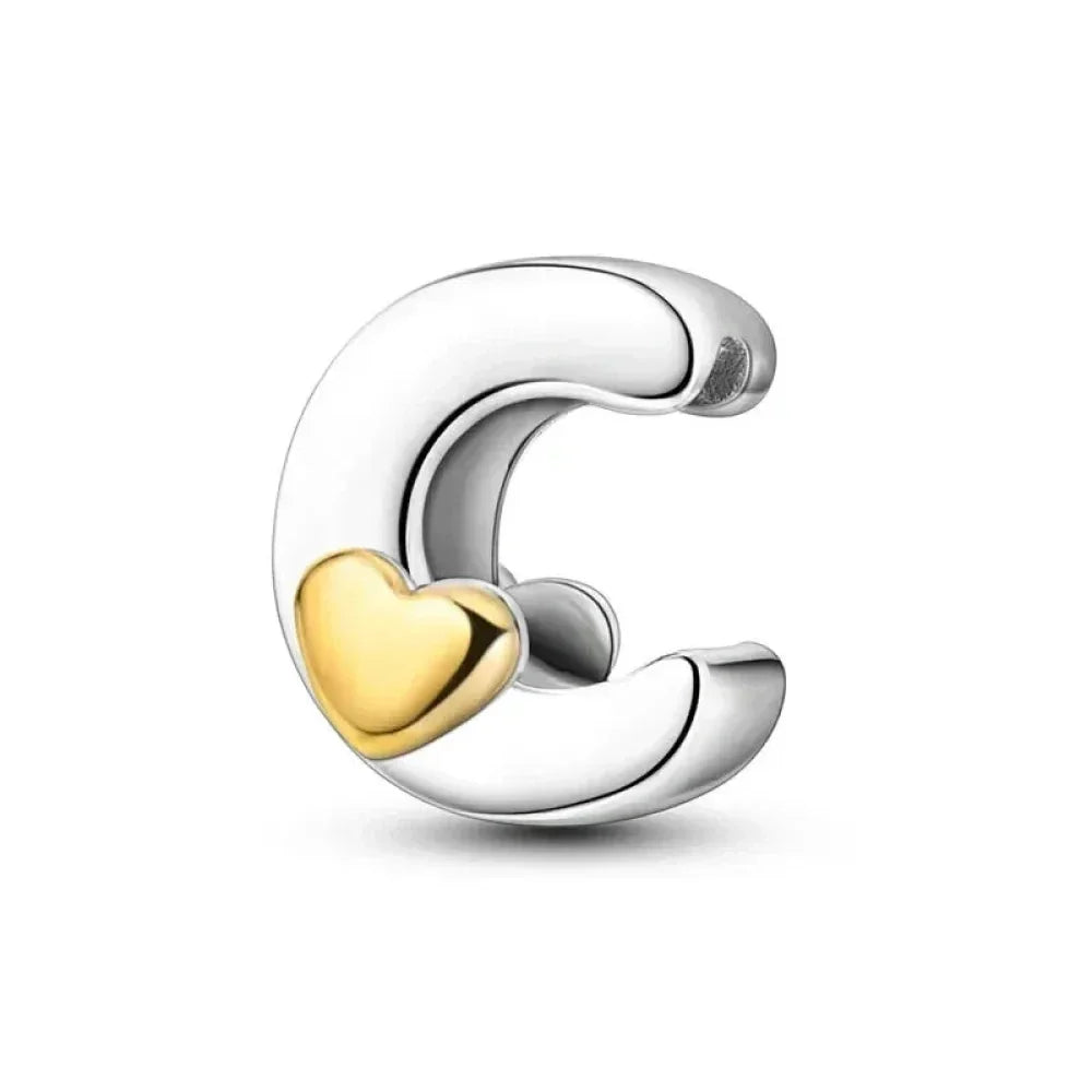 Breloque initiale en argent sterling 925 avec cœur en or