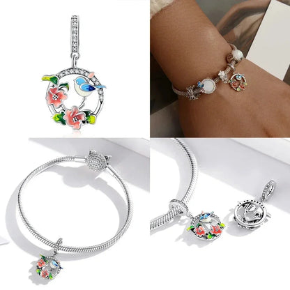 Pendentif en argent sterling 925 avec oiseaux colorés, fleurs, feuilles en oxyde de zirconium - Breloque pour bracelets et colliers