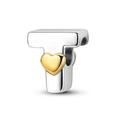 Breloque initiale en argent sterling 925 avec cœur en or