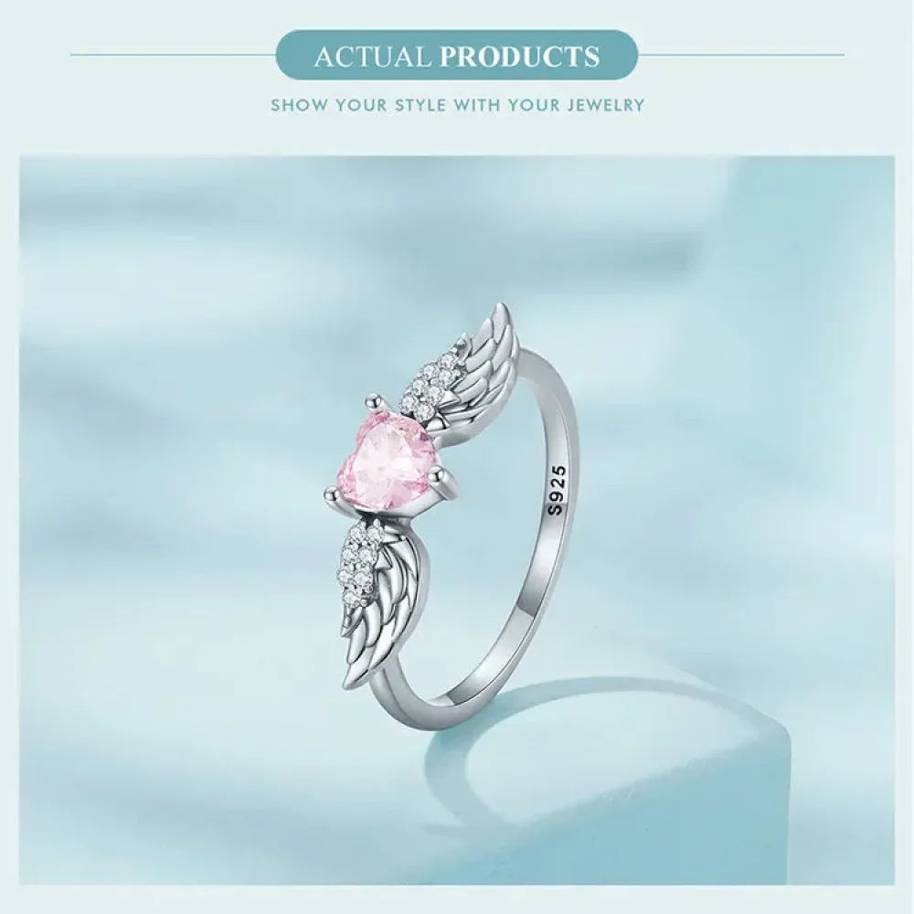 Bague en argent sterling 925 avec ailes de cœur rose et zircone cubique
