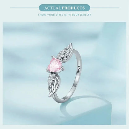 Bague en argent sterling 925 avec ailes de cœur rose et zircone cubique
