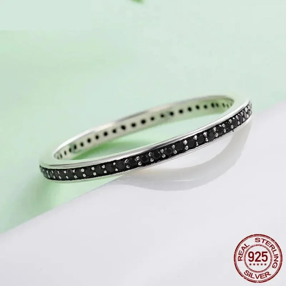 Bague en argent sterling 925 avec double cercle et oxydes de zirconium noirs et clairs