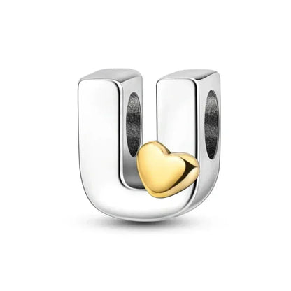Breloque initiale en argent sterling 925 avec cœur en or