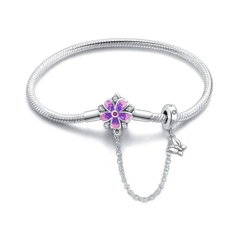 Bracelet à breloques floral en argent sterling avec chaîne de sécurité