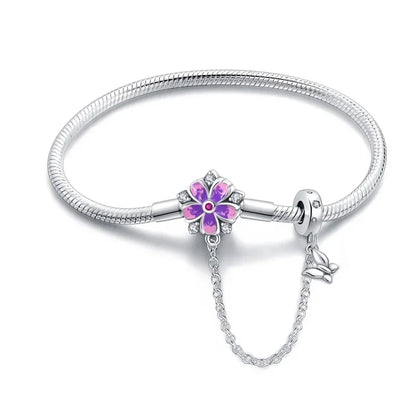 Bracelet à breloques floral en argent sterling avec chaîne de sécurité