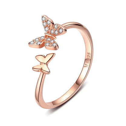 Bague ouverte papillon en argent sterling 925 avec zircons cubiques