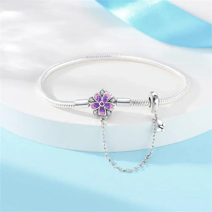 Bracelet à breloques floral en argent sterling avec chaîne de sécurité