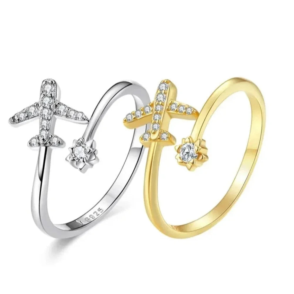Bague ouverte en argent sterling 925 avec avion volant en zircone cubique