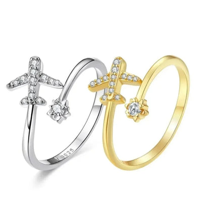 Bague ouverte en argent sterling 925 avec avion volant en zircone cubique