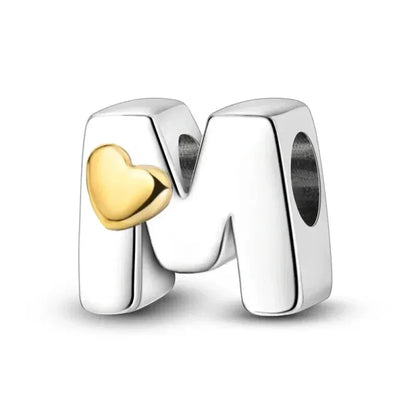 Breloque initiale en argent sterling 925 avec cœur en or