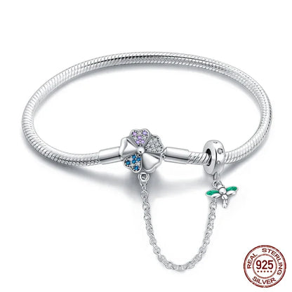 Bracelet à breloques trèfle et libellule en argent sterling avec chaîne de sécurité