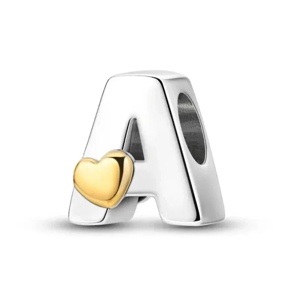 Breloque initiale en argent sterling 925 avec cœur en or