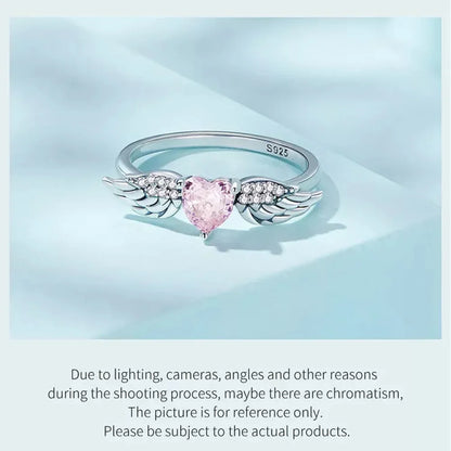 Bague en argent sterling 925 avec ailes de cœur rose et zircone cubique