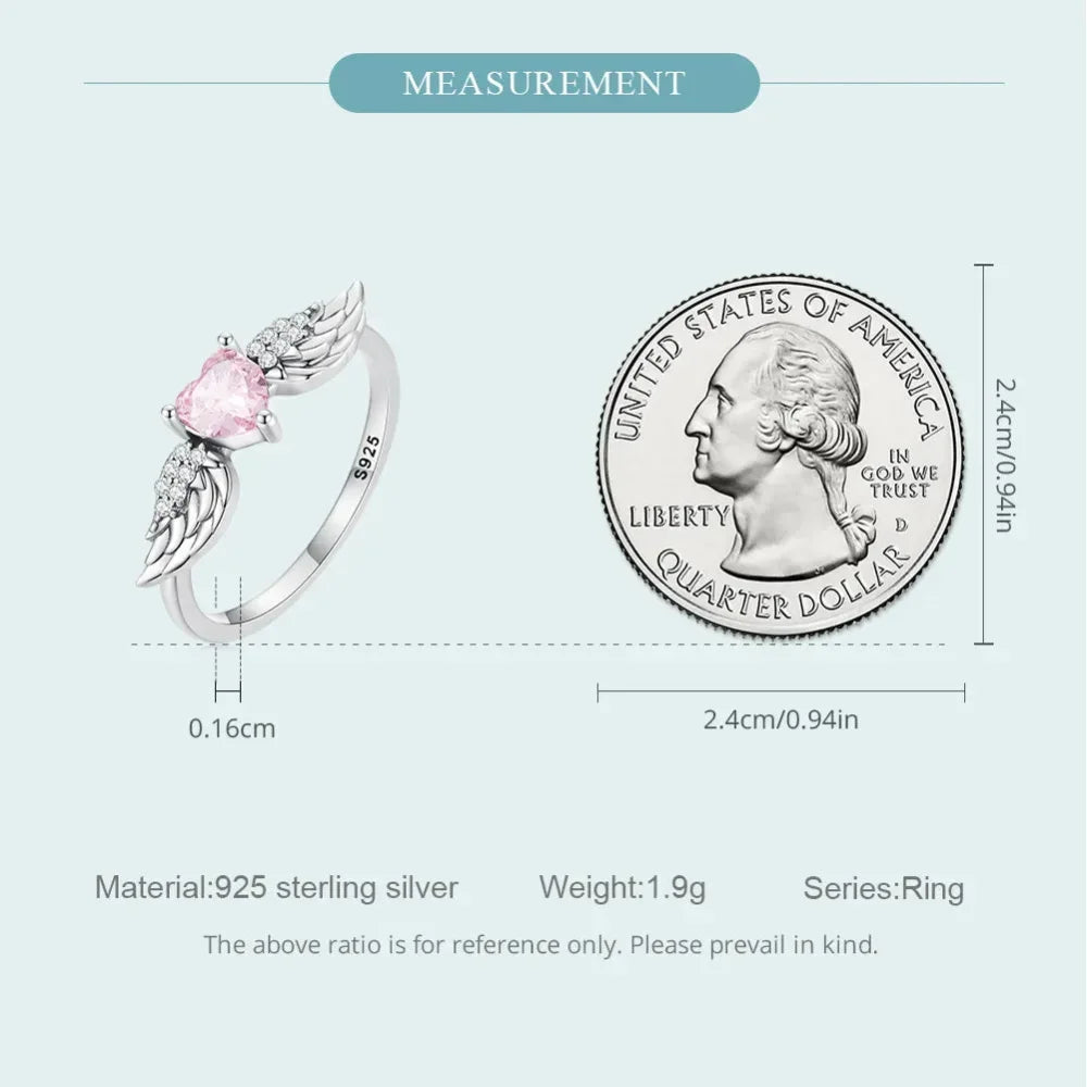Bague en argent sterling 925 avec ailes de cœur rose et zircone cubique