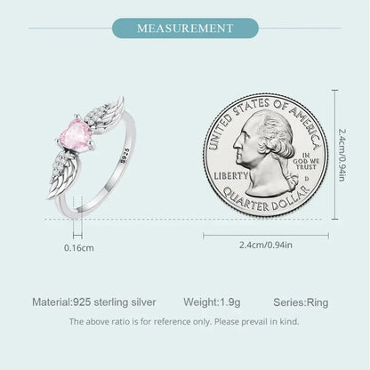Bague en argent sterling 925 avec ailes de cœur rose et zircone cubique