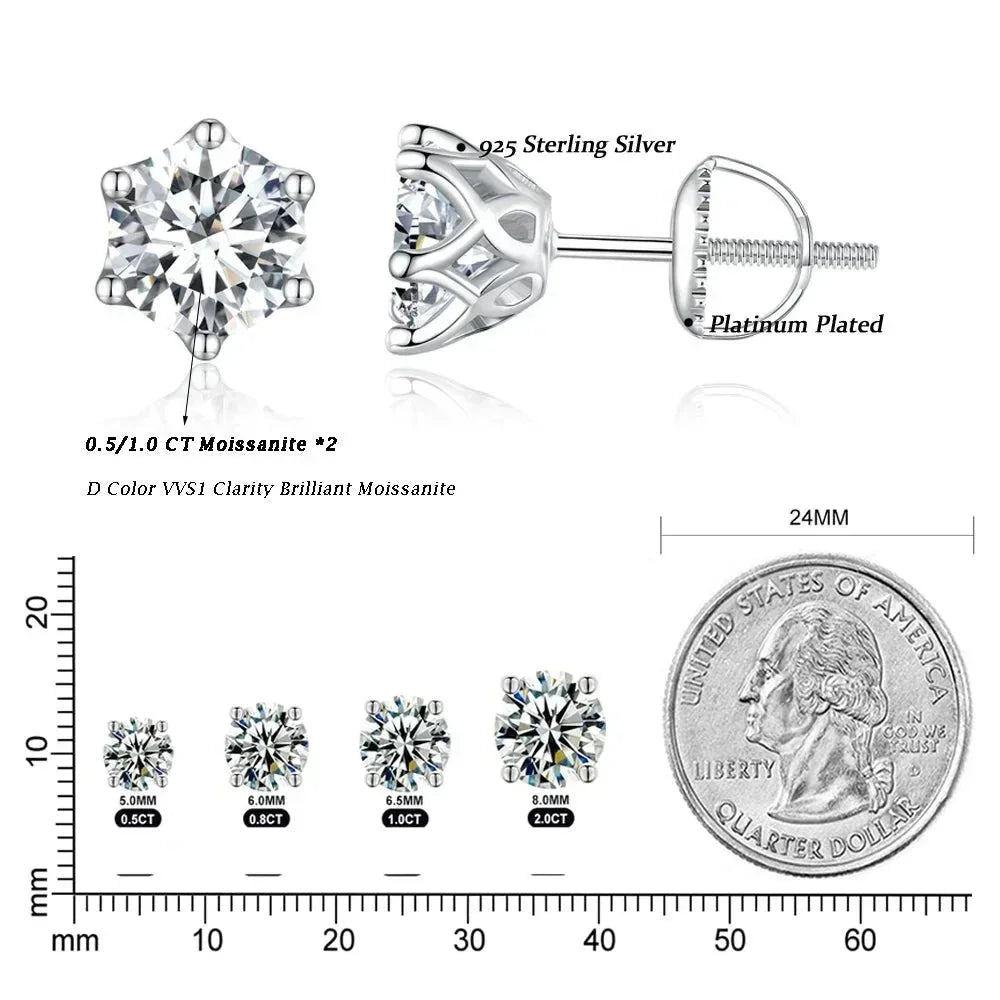Puces d'oreilles rayonnantes en moissanite | Coupe ronde couleur D, argent 925 plaqué or