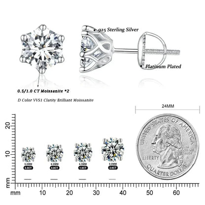 Puces d'oreilles rayonnantes en moissanite | Coupe ronde couleur D, argent 925 plaqué or