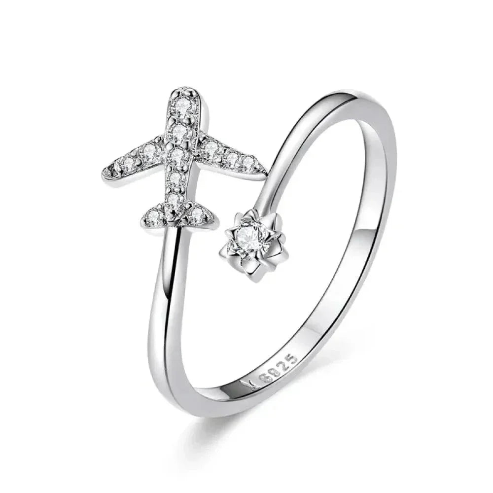 Bague ouverte en argent sterling 925 avec avion volant en zircone cubique