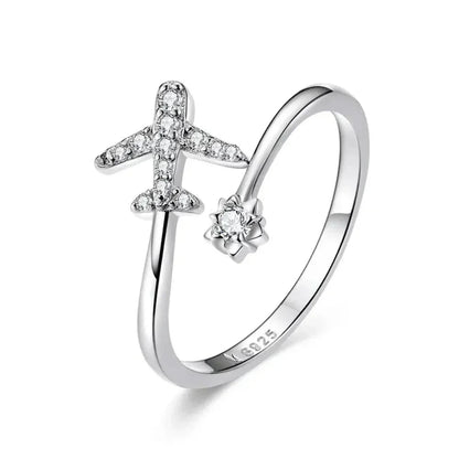 Bague ouverte en argent sterling 925 avec avion volant en zircone cubique