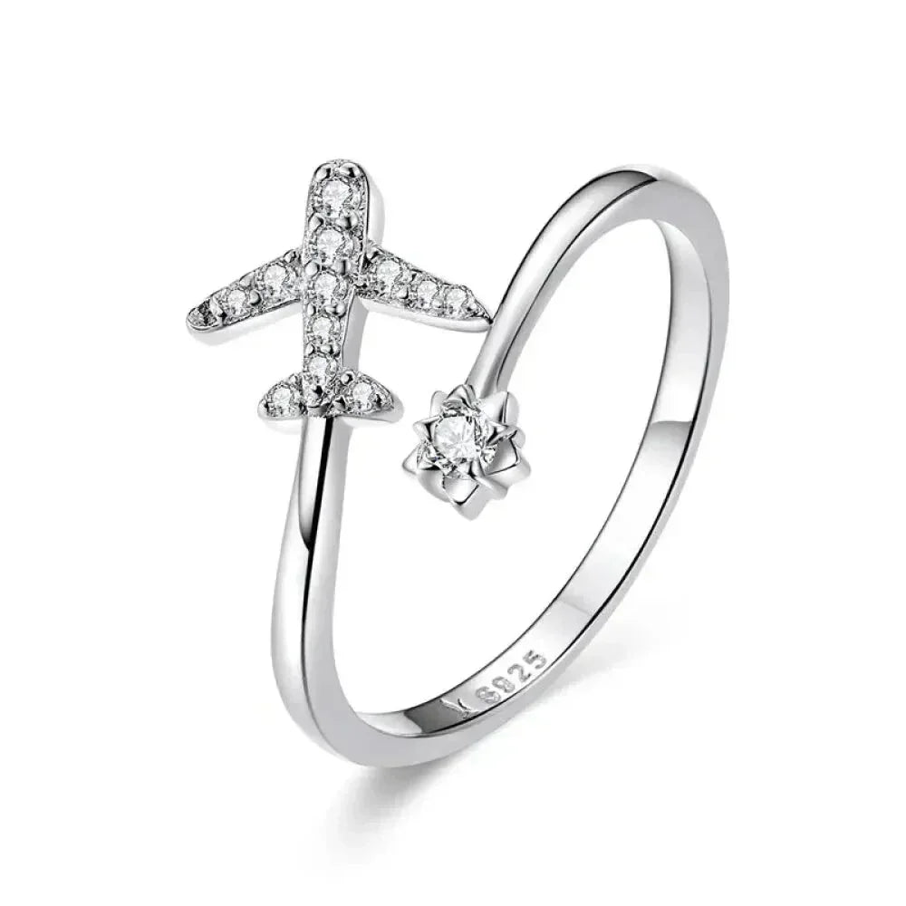 Bague ouverte en argent sterling 925 avec avion volant en zircone cubique