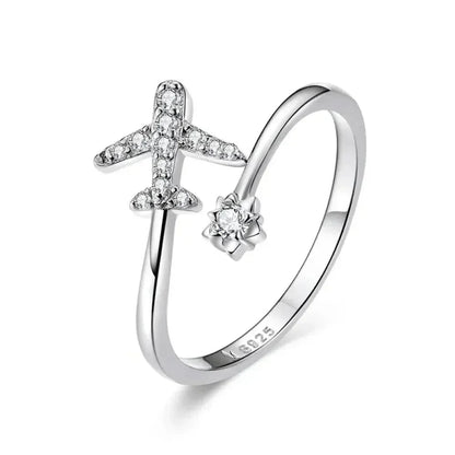 Bague ouverte en argent sterling 925 avec avion volant en zircone cubique