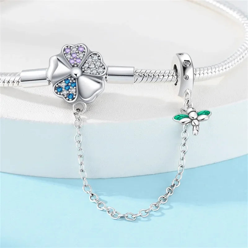 Bracelet à breloques trèfle et libellule en argent sterling avec chaîne de sécurité
