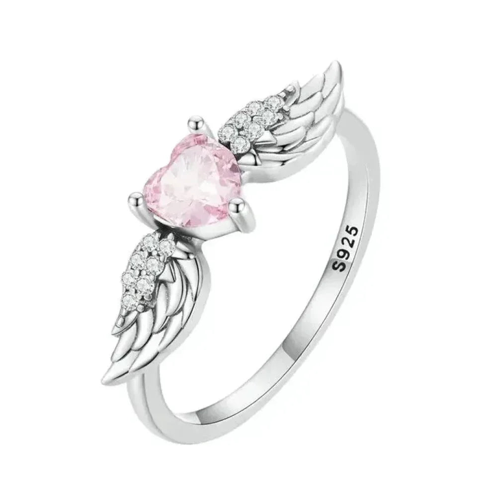 Bague en argent sterling 925 avec ailes de cœur rose et zircone cubique