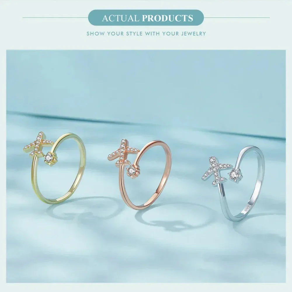 Bague ouverte en argent sterling 925 avec avion volant en zircone cubique