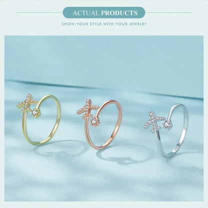 Bague ouverte en argent sterling 925 avec avion volant en zircone cubique