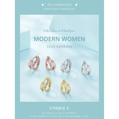 Boucles d'oreilles créoles doubles en argent sterling 925, avec géométrie élégante et cristal de zircon