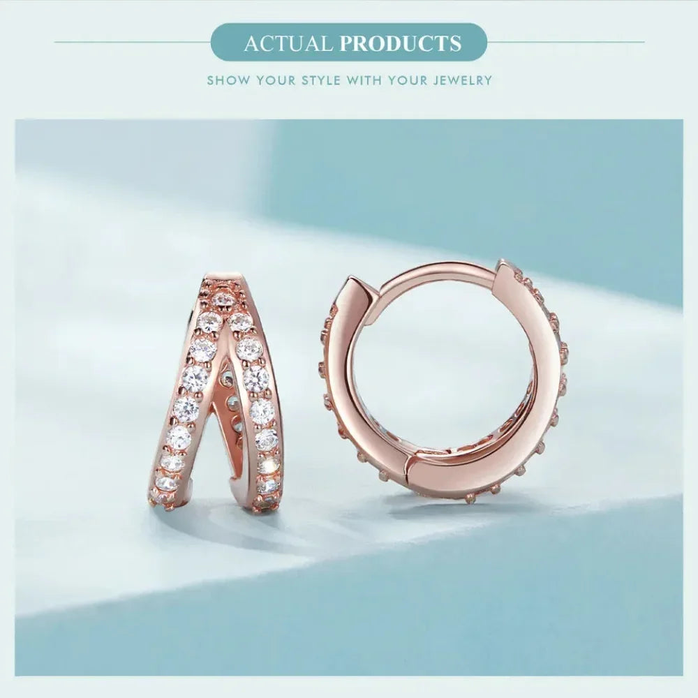 Boucles d'oreilles créoles doubles en argent sterling 925, avec géométrie élégante et cristal de zircon