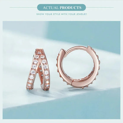 Boucles d'oreilles créoles doubles en argent sterling 925, avec géométrie élégante et cristal de zircon