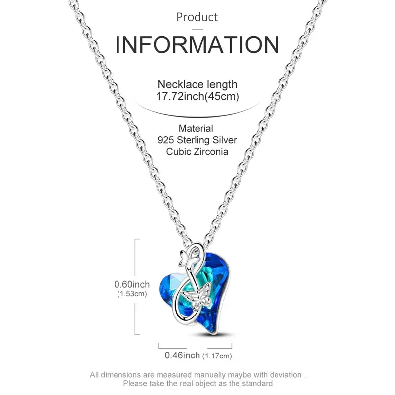 Collier en argent sterling 925 avec pendentif papillon et cœur en cristal bleu | Chaîne en oxyde de zirconium